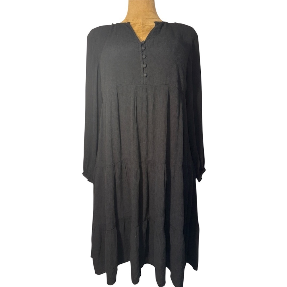 LOFT Tiered Midi Dress, black Gauze Crepe, split V-neck, relaxed, Sz S LN